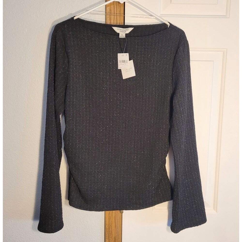 NWT Standard Surplus Womens XL Ruched Boat Neck Top Sparkly Metallic Black